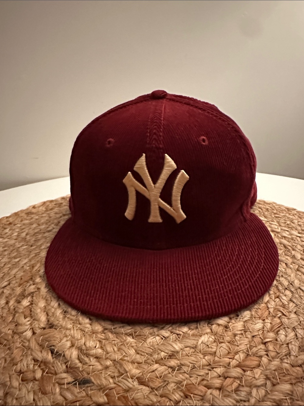 New Era Corduroy Cap in Burgundy with Cream Logo